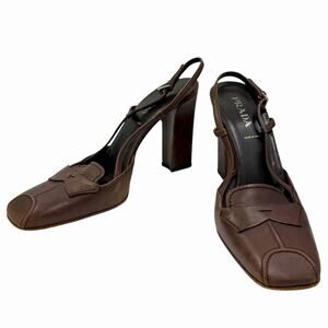 VINTAGE Y2K PRADA SLINGBACK PUMPS BRUSHED LEATHER SQUARE TOE BLOCK HEEL 39 8.5 9